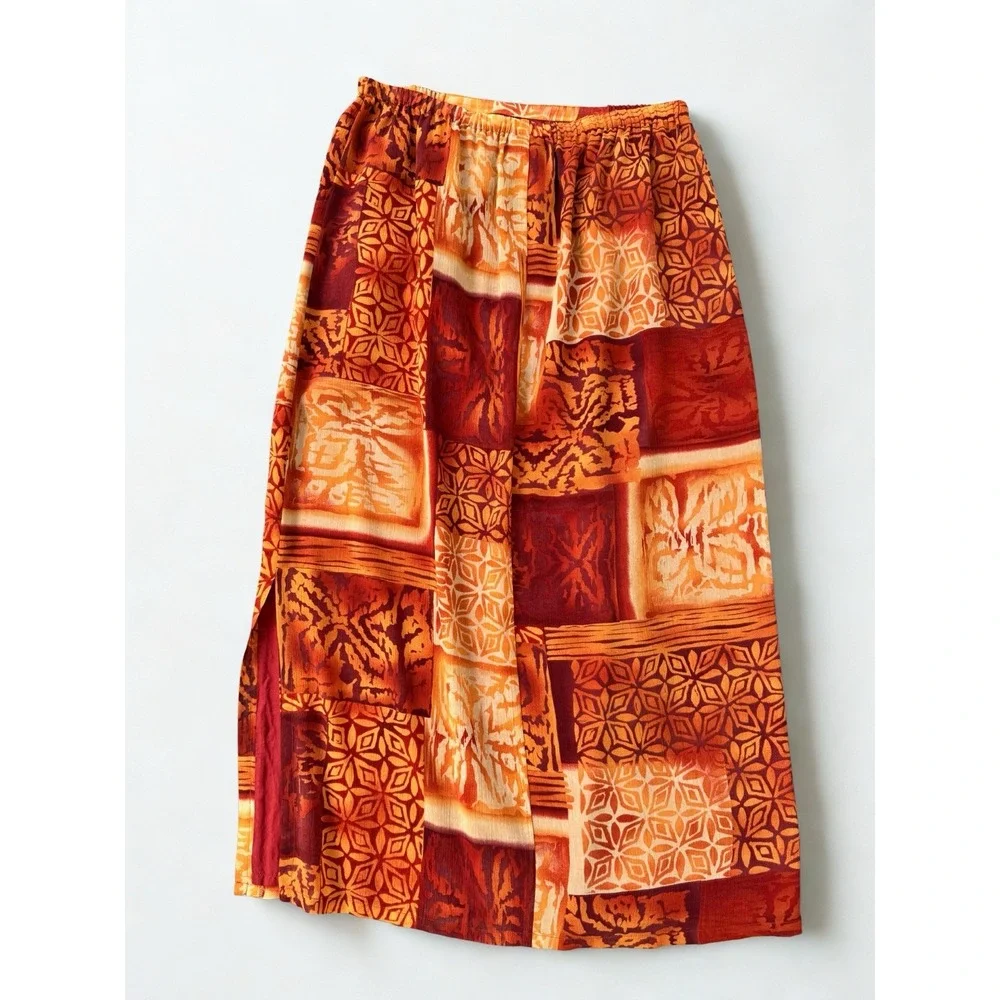 Coldwater Creek Vintage Y2k Orange Print Boho Maxi Fall Hippie Batik Skirt Large